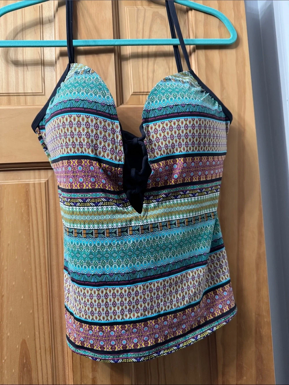 Bleu Rod Beattie Teal Multi‑Stripe Swim Camisole with Black Trim